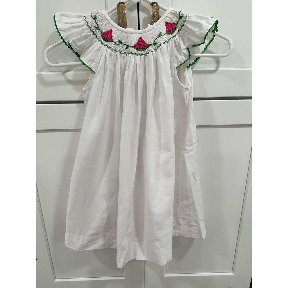 Beth Tarrell Smocked Watermelon‎ Dress Summer Sleeveless White Cotton Size 3